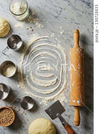 Artisan Bread Baking Flatlay with Rolling Pin, Measuring Cups, Dough Scraper, and Flour Dust on Marble Surface 130728833