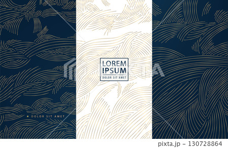 Vector elegant Asian inspired vector pattern with gold waves, clouds, geometric shapes blending traditional Japanese and Chinese line style. Perfect for modern decorative backgrounds, posters, flyers. Vector elegant Asian inspired vector pattern with gold waves, clouds, geometric shapes blending traditional Japanese and Chinese line style. Perfect for modern decorative backgrounds, posters, flyers. 130728864