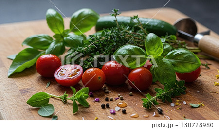 Fresh Herb Garden Harvest Flatlay with Basil Tomatoes Edible Flowers and Gardening Tools on Cutting Board 130728980