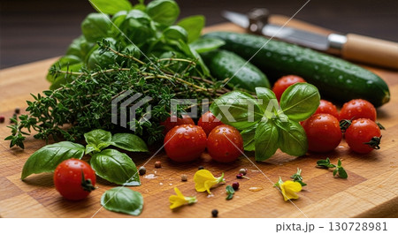 Fresh Herb Garden Harvest Flatlay with Basil Tomatoes Edible Flowers and Gardening Tools on Cutting Board 130728981