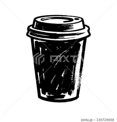 Black takeaway coffee cup with lid drawn in sketch style, bold ink lines, isolated on white background. Concept of beverage to-go 130729008
