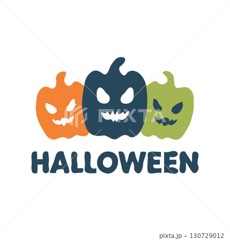 Three spooky pumpkins with evil faces in orange, black, and green with bold Halloween text, flat graphic style on white background 130729012