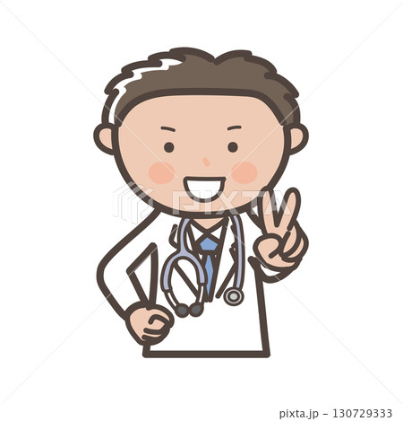 笑顔でピースをする男性医師の上半身イラスト 笑顔でピースをする男性医師の上半身イラスト 130729333