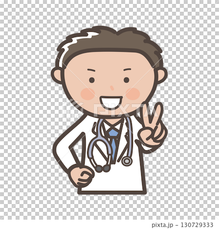 笑顔でピースをする男性医師の上半身イラスト 笑顔でピースをする男性医師の上半身イラスト 130729333