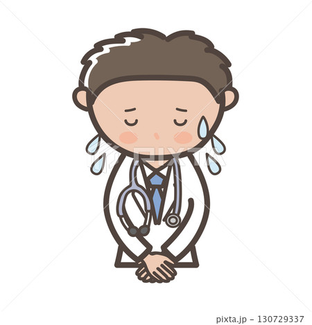 大汗をかいて謝罪する男性医師の上半身イラスト 130729337