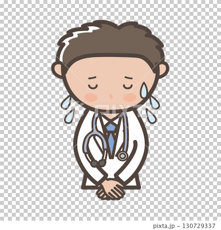 一位男醫生一邊大汗淋漓一邊道歉的上半身插圖 一位男醫生一邊大汗淋漓一邊道歉的上半身插圖 130729337