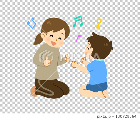 Illustration of children and teacher singing hand gestures 130729364
