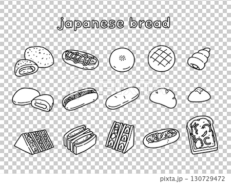 モノクロでかわいい手描きの日本のパンセット 130729472