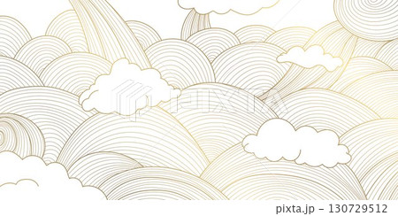 Abstract vector background, soft wavy lines, golden ornaments, flowing oriental patterns, Japanese and Chinese art. Elegant minimal style, luxury design, posters, frames. Abstract vector background, soft wavy lines, golden ornaments, flowing oriental patterns, Japanese and Chinese art. Elegant minimal style, luxury design, posters, frames. 130729512