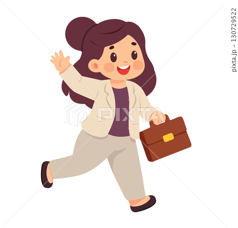 Cartoon Businesswoman Waving with Briefcase 130729522