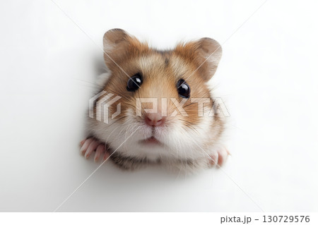 白背景から顔をのぞかせるハムスター。かわいい小動物のクローズアップ 130729576