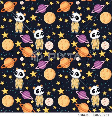 Cute panda in pajamas on the background of dreamy night sky, 130729724