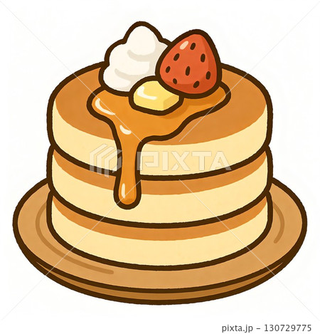 木製皿のふわふわパンケーキ手描きイラスト 木製皿のふわふわパンケーキ手描きイラスト 130729775