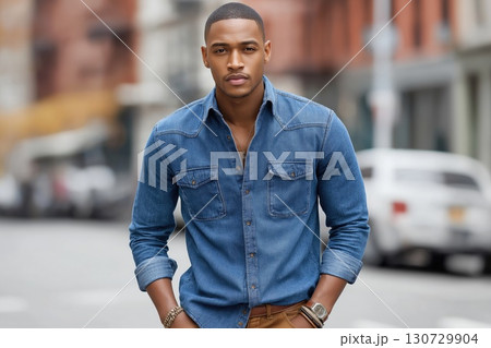 Handsome young man wearing denim shirt walking in city street 130729904