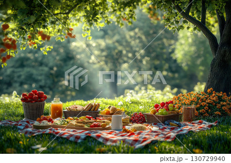 Sunny summer picnic blanket with fresh fruits, juice, and sandwiches under a lush tree. Relaxing outdoor meal spread in a bright green park. Sunny summer picnic blanket with fresh fruits, juice, and sandwiches under a lush tree. Relaxing outdoor meal spread in a bright green park. 130729940