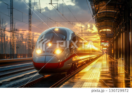 Sleek modern high speed train at a railway station platform, illuminated by vibrant golden sunset light. Wet ground reflects dynamic travel infrastructure. 130729972
