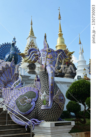 The statue of Flying elephant in Thai literature are Thai art that decorate the front of the pagoda at Wat Den Sali Si Mueang Kaen temple. Located at Chiang Mai Province in Thailand. 130730003