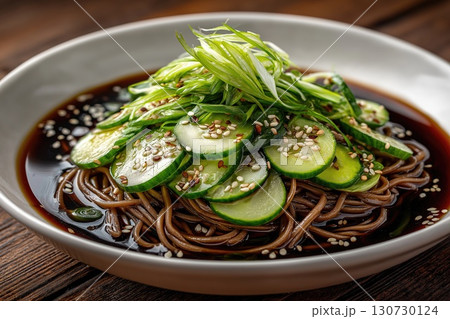 Soba noodles with cucumber and sesame seeds in soy sauce marinade 130730124