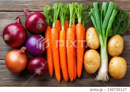 Fresh vegetables lying on wooden table, carrots, potatoes, onions and leeks Fresh vegetables lying on wooden table, carrots, potatoes, onions and leeks 130730127