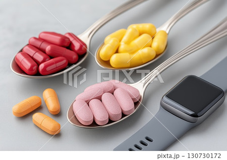 Colorful pills and capsules resting on spoons near smartwatch promoting healthy lifestyle 130730172