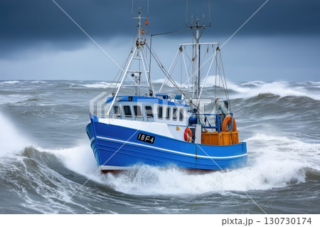 Fishing boat sailing in stormy sea with dramatic sky 130730174