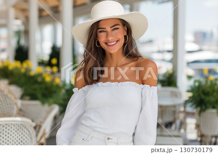 Fashionable woman enjoying summer vacation in a luxury resort 130730179