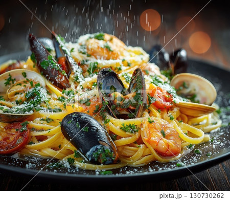 Delicious linguine with seafood, sprinkling grated cheese on top 130730262