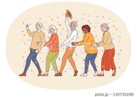 Party of elderly people dancing and standing in row, enjoying retirement and not having to work 130730286