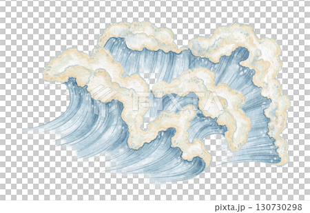 Sea waves with foam hand drawn in watercolor and colored pencil. Design with blue ocean water tide and splash. Great for summer print and seasonal card. Perfect for coastal art and travel theme. Sea waves with foam hand drawn in watercolor and colored pencil. Design with blue ocean water tide and splash. Great for summer print and seasonal card. Perfect for coastal art and travel theme. 130730298