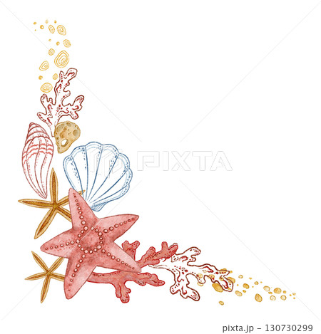 Red and beige starfish with seashell and coral corner watercolor design. Hand drawn line art with sand in colored pencil style. Great for summer card or holiday print. Perfect for coastal project. Red and beige starfish with seashell and coral corner watercolor design. Hand drawn line art with sand in colored pencil style. Great for summer card or holiday print. Perfect for coastal project. 130730299