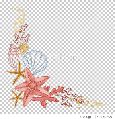 Red and beige starfish with seashell and coral corner watercolor design. Hand drawn line art with sand in colored pencil style. Great for summer card or holiday print. Perfect for coastal project. Red and beige starfish with seashell and coral corner watercolor design. Hand drawn line art with sand in colored pencil style. Great for summer card or holiday print. Perfect for coastal project. 130730299