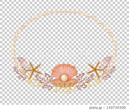 Oval horizontal wreath of pearl and seashell with starfish in watercolor and outline. Hand drawn line art in colored pencil sketch. Great for wedding invitation. Perfect for nautical card template. Oval horizontal wreath of pearl and seashell with starfish in watercolor and outline. Hand drawn line art in colored pencil sketch. Great for wedding invitation. Perfect for nautical card template. 130730300