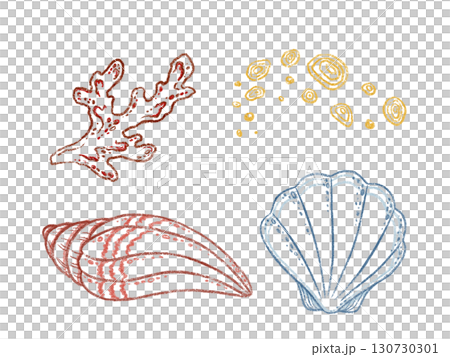 Outline set of seashell with coral and sand in hand drawn line art. Blue and red marine life in colored pencil sketch style. Great for summer card or poster design. Perfect for coastal print artwork. 130730301