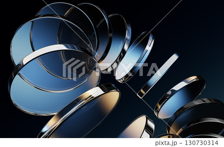 Abstract dark 3d background with neon glass circle disc and blue brown gradient. Circular ring motion effect of crystal round disks, holographic transparent lens. Digital tech banner. 3D illustration Abstract dark 3d background with neon glass circle disc and blue brown gradient. Circular ring motion effect of crystal round disks, holographic transparent lens. Digital tech banner. 3D illustration 130730314