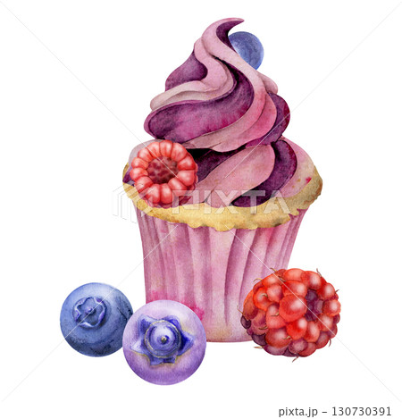 Cupcake with wild berries, swirled whipped cream icing, muffin with fresh ripe blueberry, bilberry and raspberry in watercolor. Isolated dessert element. Baking blog, packaging visuals, food journals. 130730391