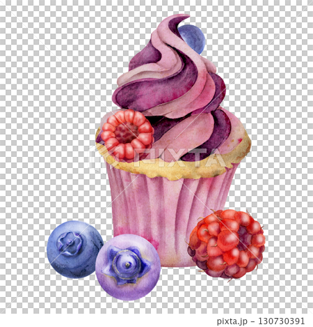 Cupcake with wild berries, swirled whipped cream icing, muffin with fresh ripe blueberry, bilberry and raspberry in watercolor. Isolated dessert element. Baking blog, packaging visuals, food journals. 130730391