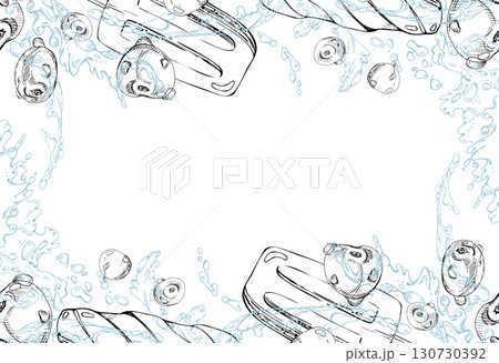 Popsicle ice lolly stick in cherry berry fruit juice splashes, waves drops. graphic border frame illustration hand drawn in vector ink. Summer treats, refreshing heatwave poster, frozen goods wrap 130730392