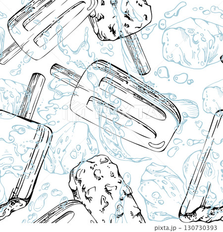 Melting popsicle lolly, ice cream stick coated with crushed nuts, cube cold splash droplets. graphic seamless pattern illustration hand drawn in vector ink. Snack menu design, topping sampler sheet 130730393