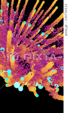 Vivid stream of orange, pink, and cyan particles exploding outward in a chaotic spiral motion 130730513