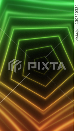 Geometric green and orange pentagon tunnel with glowing neon lines, creating a hypnotic depth effect Geometric green and orange pentagon tunnel with glowing neon lines, creating a hypnotic depth effect 130730524