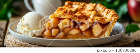 Delicious Homemade Apple Pie with Golden Crust and Vanilla Ice Cream Served on a Rustic Table 130730886