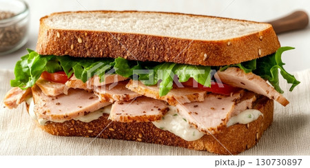 A Deliciously Layered Turkey Sandwich with Fresh Lettuce and Tasty Ingredients for Lunch Time Bliss A Deliciously Layered Turkey Sandwich with Fresh Lettuce and Tasty Ingredients for Lunch Time Bliss 130730897