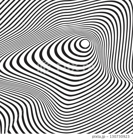 Psychedelic pattern with curvy concentric black and white circles. Hypnotic optical illusion. Abstract wallpaper. Wavy striped print. Hypnotherapy or trance concept. Vector graphic illustration Psychedelic pattern with curvy concentric black and white circles. Hypnotic optical illusion. Abstract wallpaper. Wavy striped print. Hypnotherapy or trance concept. Vector graphic illustration 130730923