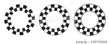 Set of round frames with black and white checkered print. Circle shaped vignettes with checkerboard, race flag or chess game plane pattern isolated on white background. Vector graphic illistration 130730926