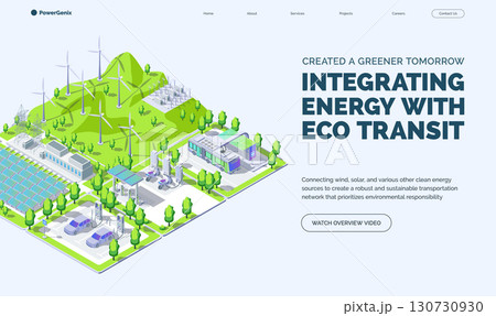 Cartoon Color Created a Greener Tomorrow Integrating Energy with Eco Transit Concept Banner 3d Isometric View. Vector illustration 130730930