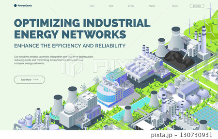 Cartoon Color Optimizing Industrial Energy Networks Enhance Efficiency and Reliability Concept Banner 3d Isometric View. Vector illustration 130730931