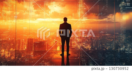 Visionary Leader Gazing at a Futuristic Cityscape During Sunset, Reflecting on Strategic Aspirations Visionary Leader Gazing at a Futuristic Cityscape During Sunset, Reflecting on Strategic Aspirations 130730952