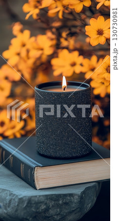 Cozy Autumn Composition Featuring Rustic Candle in Dark Jar Among Yellow Fall Flowers and Books Cozy Autumn Composition Featuring Rustic Candle in Dark Jar Among Yellow Fall Flowers and Books 130730981