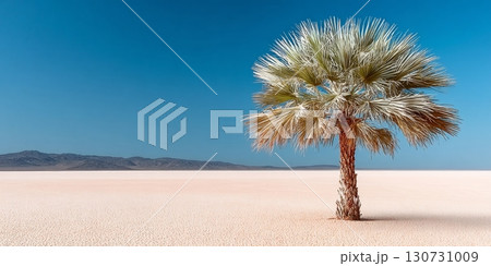 Stark Desert Landscape with a Solitary Palm Tree Against a Clear Blue Sky, Evoking Resilience. 130731009