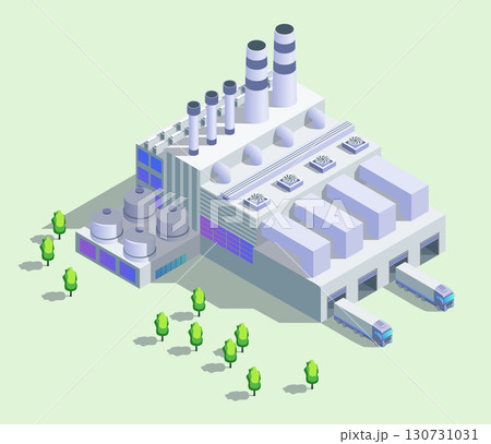 Cartoon Color Garbage Power Plant with Green Trees Isolated Industrial Energy Building Concept 3d Isometric View. Vector illustration 130731031